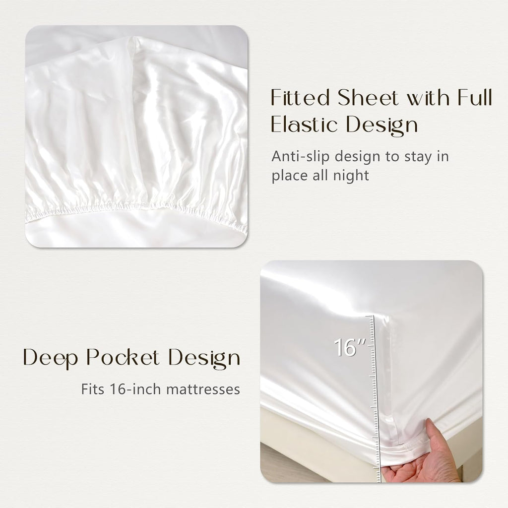 ZIMASILK 100% 19 Momme Mulberry Silk Fitted Sheet for Sleeping with Deep Pocket, Soft, Breathable & Hypoallergenic for Hair & Skin Care (King 78''x80''+16', White)