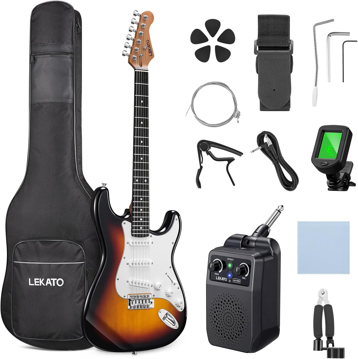 LEKATO Beginner Electric Guitar Kit 39 Inch Full Size Solid Body Guitar SSS for Starter Roasted Maple Neck Stainless Steel Frets, 5w Plug-in Amp, Bag, Tuner, Capo, Strap, Picks, String, Cable-Sunburst