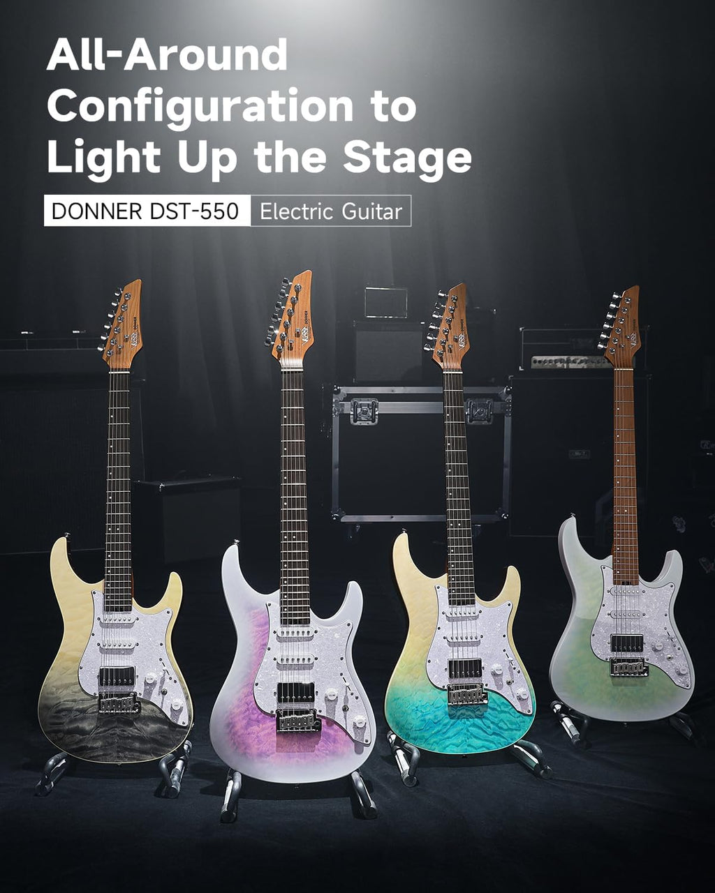 Donner 39 Inch Electric Guitar, DST-550 Color Gradient Poplar Body, Laurel Fretboard & Maple Veneer, 7 Tone Options, Tremolo Bridge, for Intermediate & Pro Players, Bonus Bag – Black Mirage Gradation