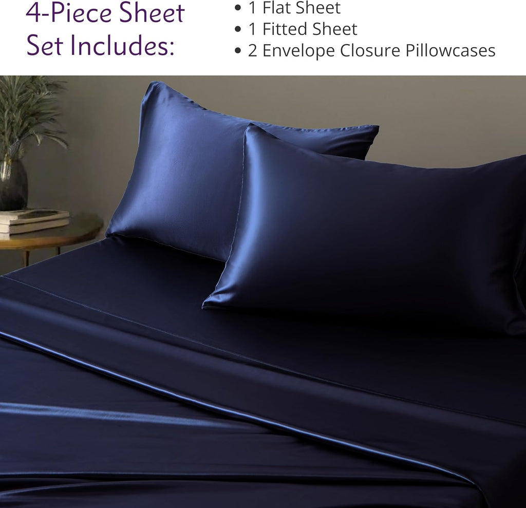 Mulberry Park 100% Silk Sheet Set - 30 Momme, Grade 6A Charmeuse Mulberry Silk - 4pc Set, Queen Size with 16' Deep Pocket Fitted Sheet, Navy