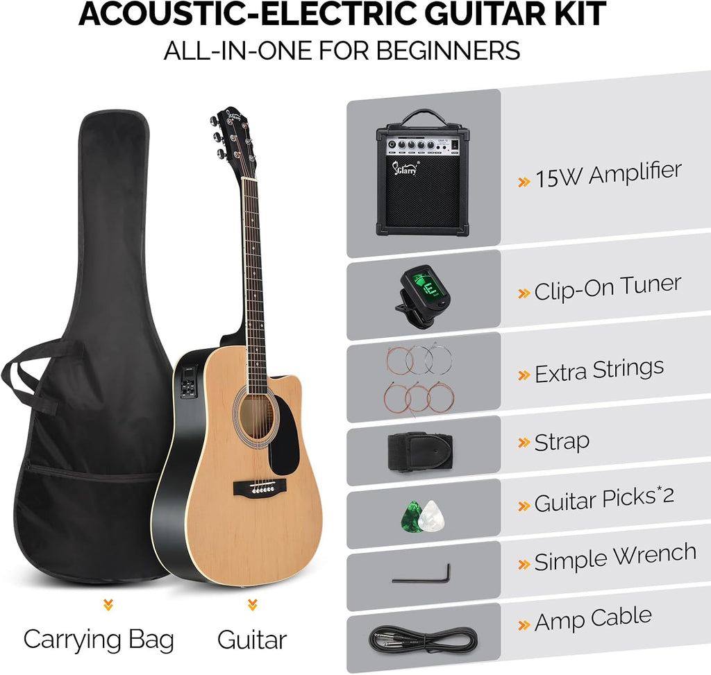 GLARRY Full Size 6 Strings Acoustic Electric Guitar Beginner Kit w/ 15W Amp, Cutaway 41 Inch Electric Acoustic Guitar w/Inbuilt Tuner, Bag, Strap, Picks, Strings, Basswood Guitarra, Matte Natural