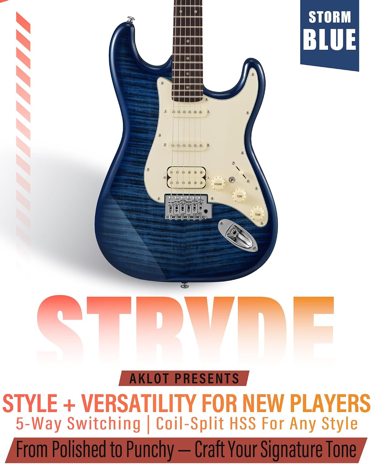 AKLOT Beginner Electric Guitar Kit: 10W Amp, Coil-Split HSS Pickups, Lesson Book, Roasted Maple Neck, Gig Bag, Tuner, Strap, Picks, Stryde Storm Blue