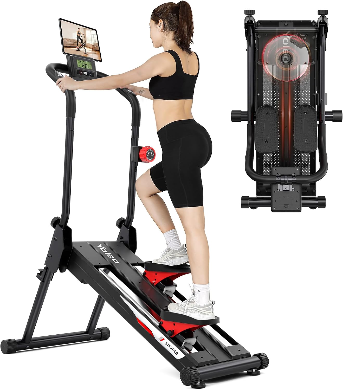 YOLEO Adjustable Resistance Stair Steppers for Exercise at Home, Folding Cardio Stairmaster with 3 Workout Modes & Oversized Pedal,90% Pre-Assembled Stair Climber with Handlebar for Full Body Workout