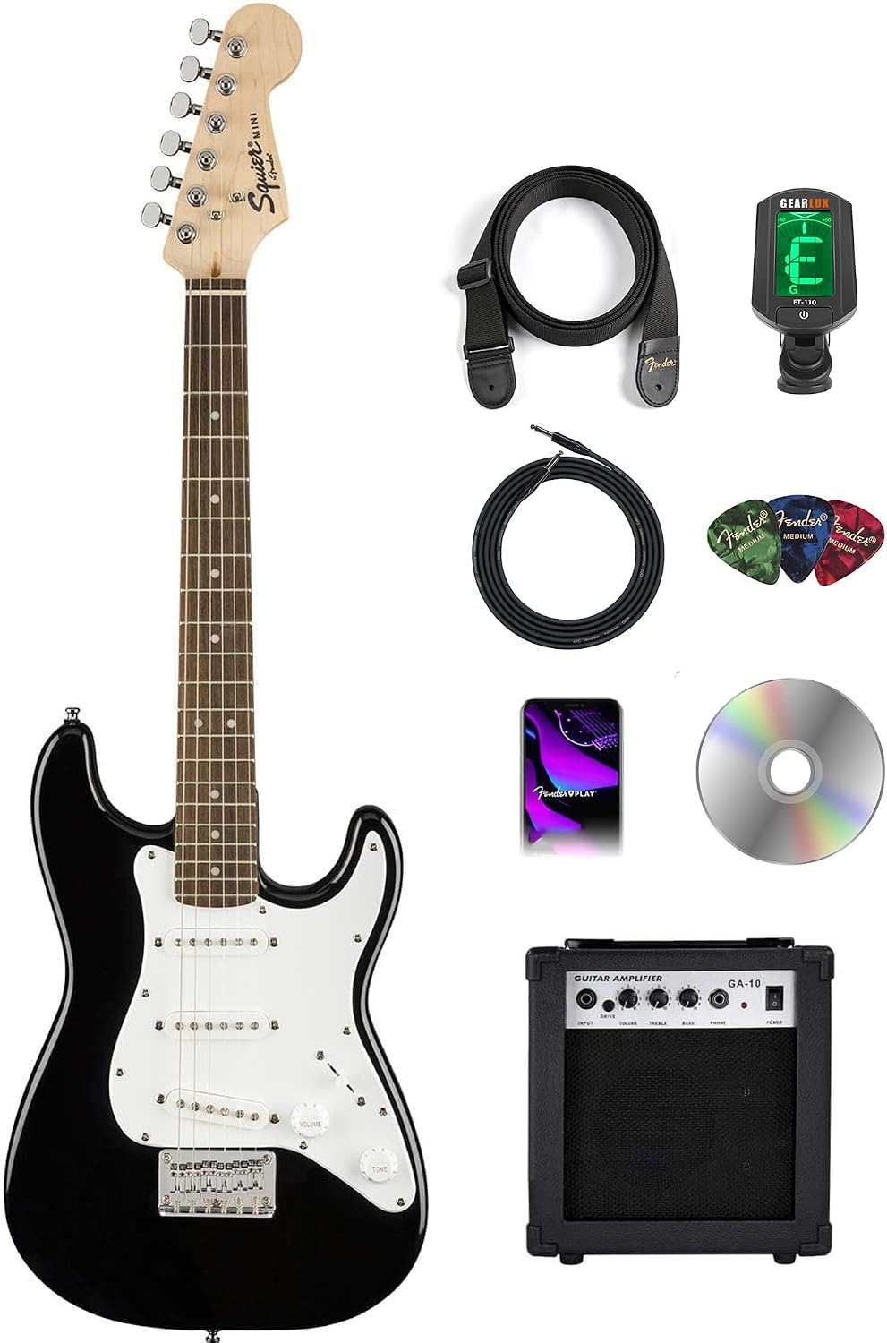 Fender Squier 3/4 Size Kids Mini Strat Electric Guitar Learn-to-Play Bundle w/ Amp, Cable, Tuner, Strap, Picks, Fender Play Online Lessons, and Austin Bazaar Instructional DVD - Black