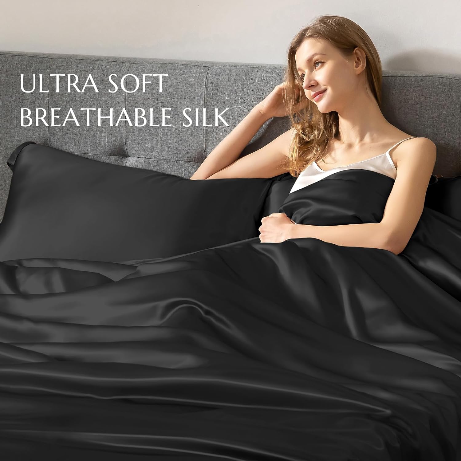 THXSILK Silk Duvet Cover, 100% 7A+ Mulberry Silk Comforter Cover, Seamless, Breathable, Easy Care Zipper Closure, 1 Duvet Cover Only - Queen, Black