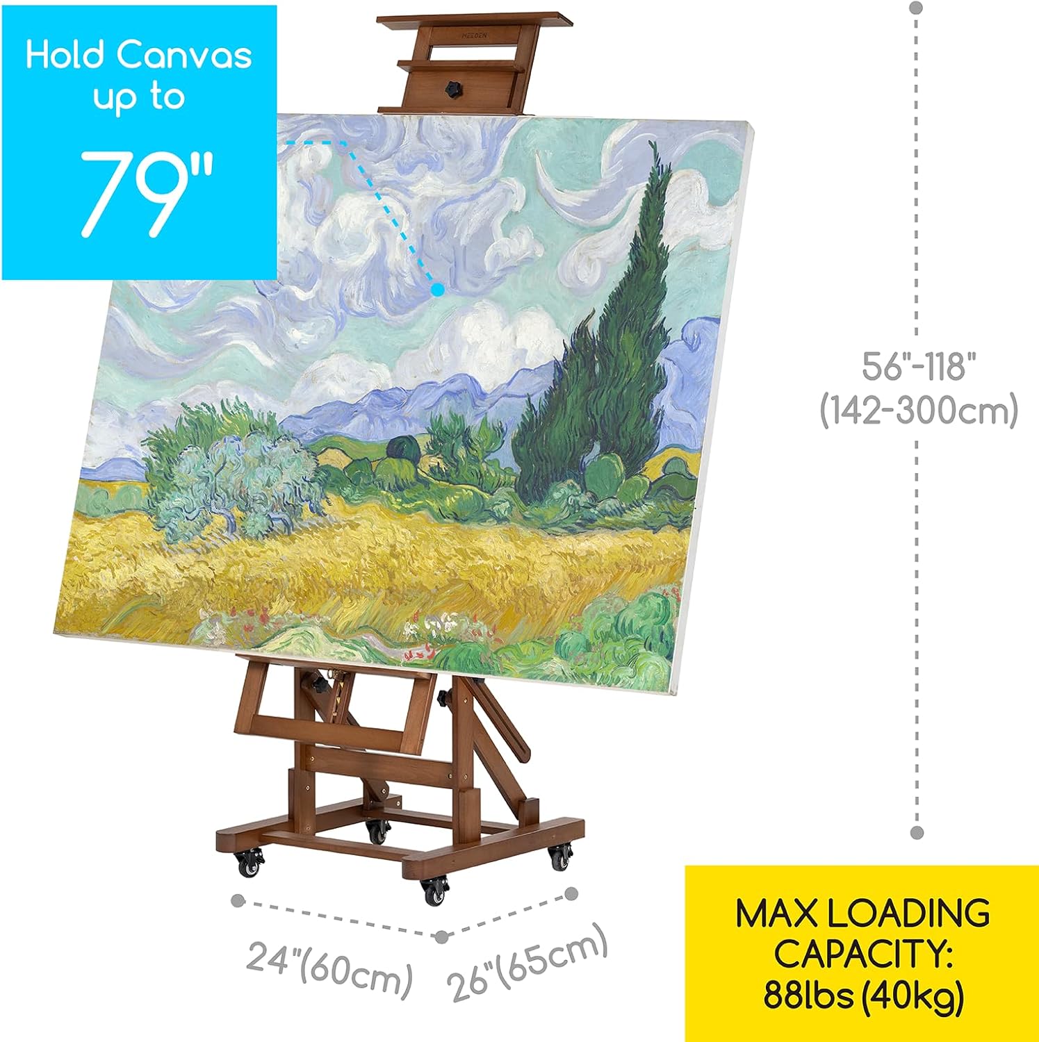 MEEDEN Extra-Large Art Painting Easel: Solid Beech Wood Artist Easel - Professional Heavy-Duty Studio Easel for Adults - Movable H Frame Floor Easel Stand for Painting Canvas up to 79'