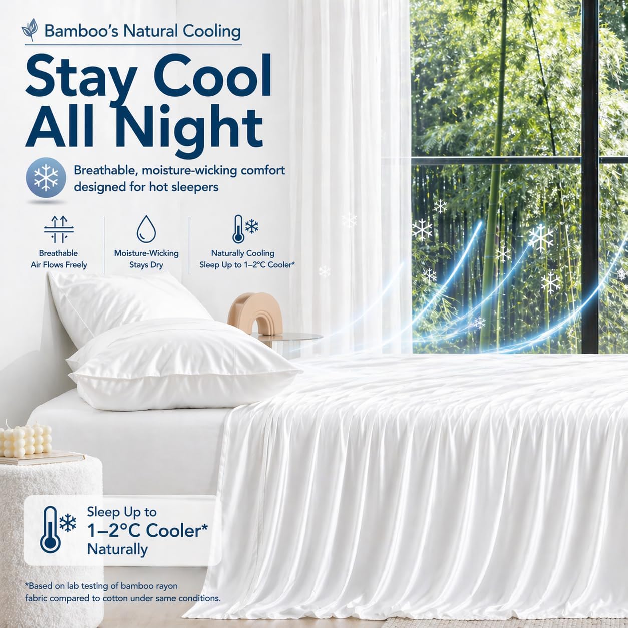 GOKOTTA Queen Size Bed Sheets 4 Piece Set, FSC® Certified Rayon Derived from Bamboo, Luxury Breathable and Silky Soft Sheets, Deep Pocket 16' Fitted Sheet with Elastic Corner Straps -Bright White