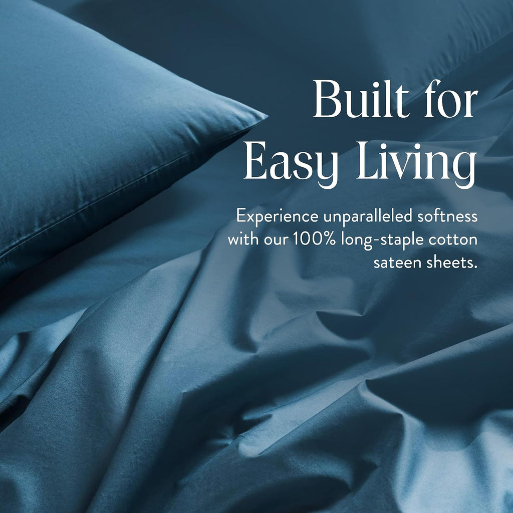 Brooklinen Luxury Sateen 4 Piece Sheet Set - 100% Cotton Bed Sheets, Durable California King Size Sheets Set in Abyss Blue, Oeko-TEX Certified Bedding Set, 1 Fitted Sheet, 1 Flat Sheet, 2 Pillowcases