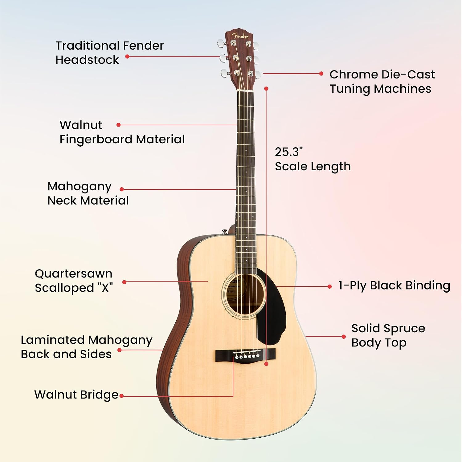 Fender CD-60S Solid Top Dreadnought Acoustic Guitar - Natural Bundle with Gig Bag, Tuner, Strap, Strings, Picks, and Austin Bazaar Instructional DVD