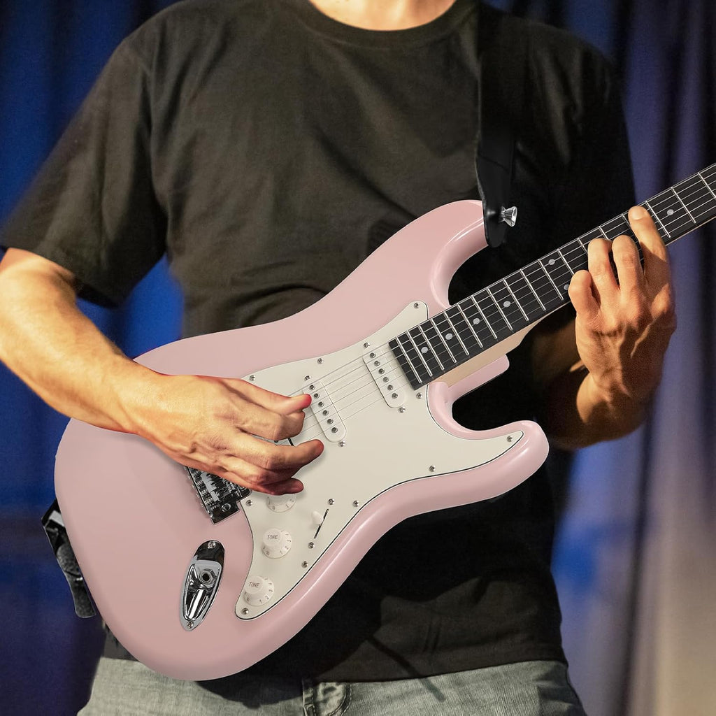 Musicool 39 Inch Electric Guitar Starter Kit– HSS Pickups Solid Body Electric Guitar Includes Amplifier, Bag, Digital Tuner, Strap, String, Cable, Picks, Beginner Gift（Pink ）