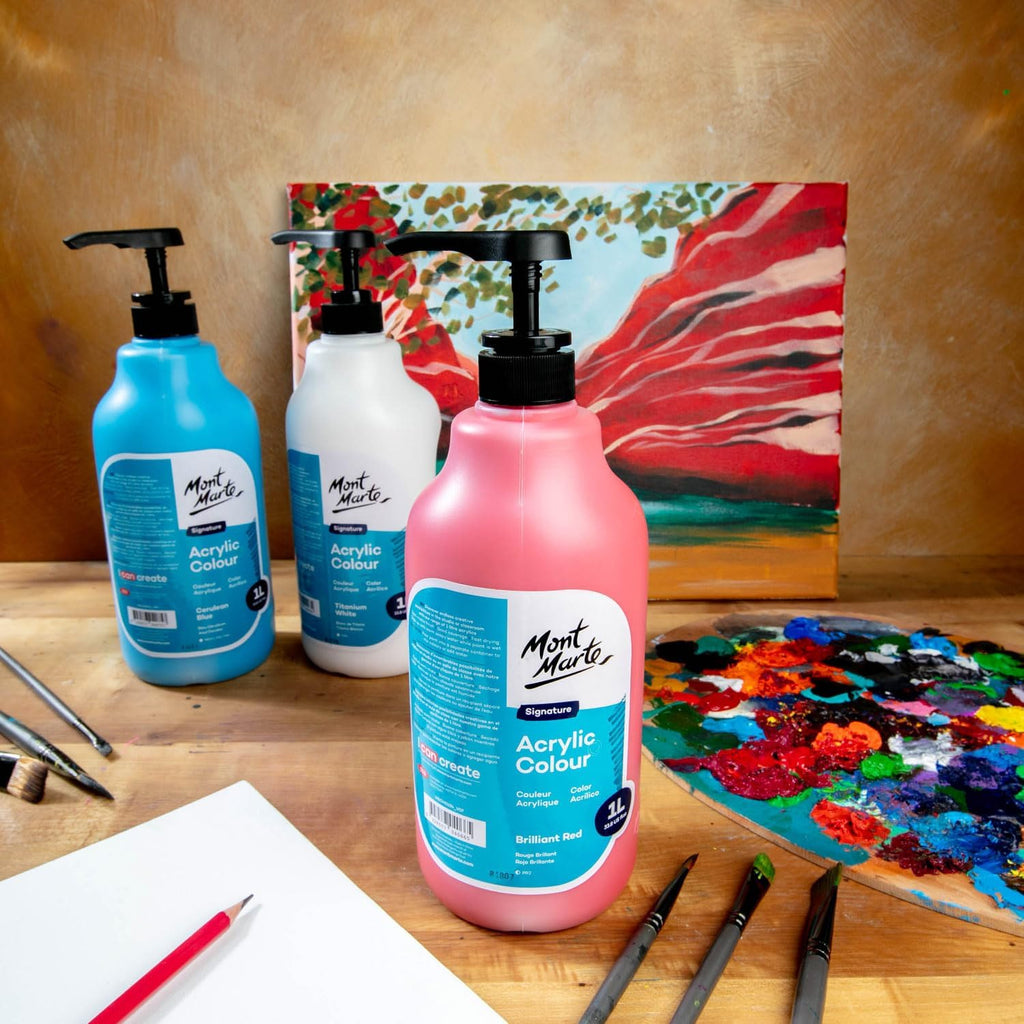 Mont Marte Signature Acrylic Color Paint Set, 33.8oz (1L), Semi-Matte Finish, 12 Colors, Suitable for Canvas, Wood, Fabric, Leather, Cardboard, Paper, MDF and Crafts