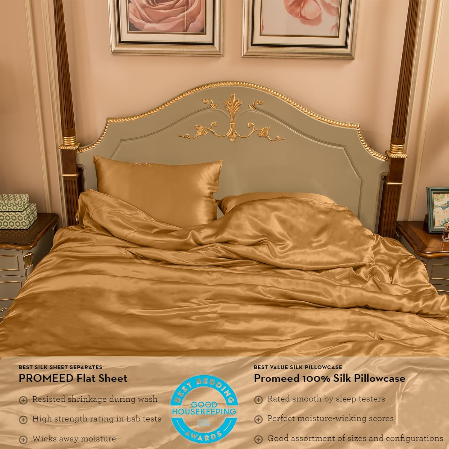 PROMEED 100% Mulberry Silk Duvet Cover Set 3PCS Full Size, Real 23 Momme Grade 6A Silk Bedding Set with Duvet Cover and Pillowcases (Gold, Full)