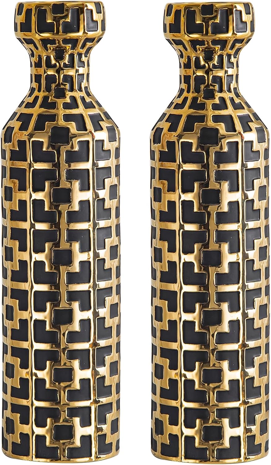 Pair of 24.4' Tall Ceramic Cylinder Vases with Geometric Gold Accents, Large Flower Vase, Decorative Vase - Modern Black & Gold Floor Vases for Living Room, Entryway Decor (Set of 2)