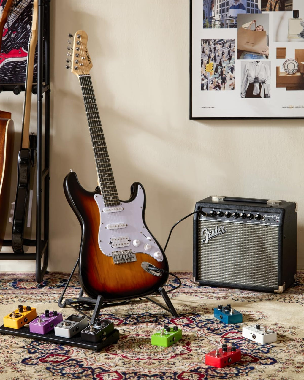 STRICH Electric Guitar Beginner Kit, Solid Body 39' Full Size Electric Guitar SSS Pick Up for Starter, with 5W x 2 Amp, Bag, Digital Tuner, Capo, Strap, String,Cable, Picks, SST-S10 Sunburst