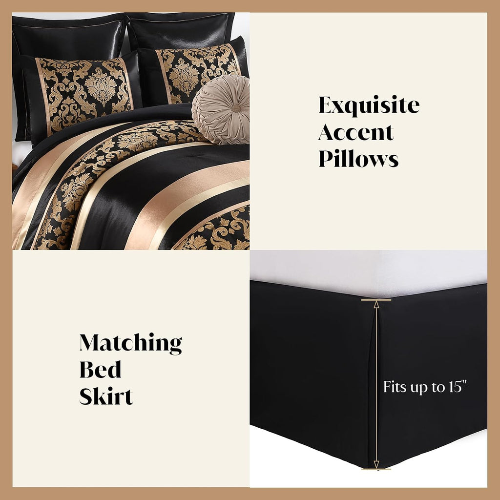 CozyDH Black Gold Floral Comforter Set California King - 7 Piece Luxury Jacquard Bed in a Bag Vintage Patchwork, All Season Down Alternative Bedding with Bed Skirt, Shams, Decorative Pillow, 104x96 in