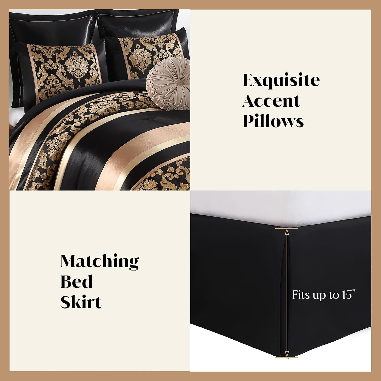 CozyDH Black Gold Floral Comforter Set California King - 7 Piece Luxury Jacquard Bed in a Bag Vintage Patchwork, All Season Down Alternative Bedding with Bed Skirt, Shams, Decorative Pillow, 104x96 in