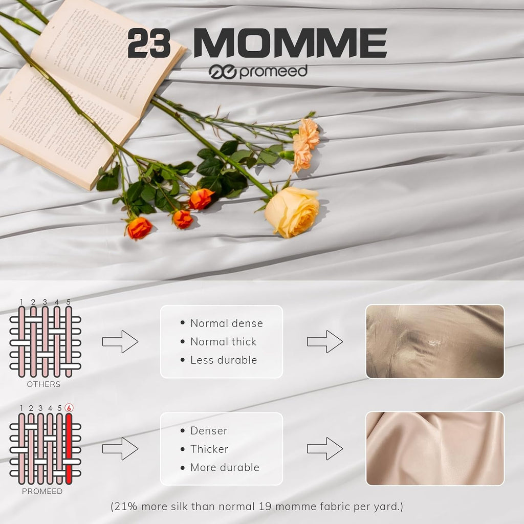 PROMEED 100% Mulberry Silk Duvet Cover Set 3PCS King Size, Real 23 Momme Grade 6A Silk Bedding Set with Duvet Cover and Pillowcases (Light Grey, King)