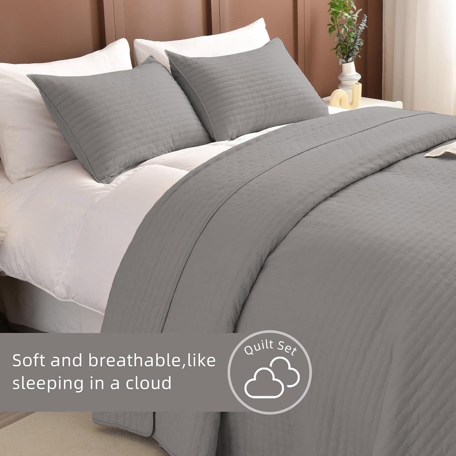 Lady Ann Gray Oversized King Bedspread 128x120, 3Pcs Extra Large Farmhouse Lightweight King Quilt Bedding Set Soft Quilted Bedspreads Thin Comforter for All Season