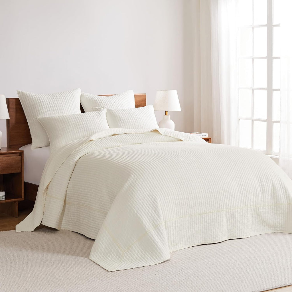 Levtex Home Cross Stitch Reversible King Bedspread Set (120x104in) with 2 Pillow Shams (36x20in) - Stitch Texture - Cream - Cotton King Size Bedspread Set - Soft, Pre-Washed