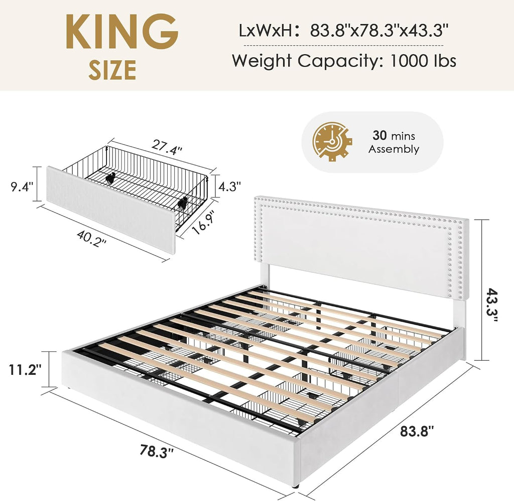 VECELO King Size Upholstered Bed Frame with 4 Storage Drawers, Adjustable Velvet Rivet Decor Headboard, Wooden Slats Platform Support, No Box Spring Needed, Easy Assembly,White