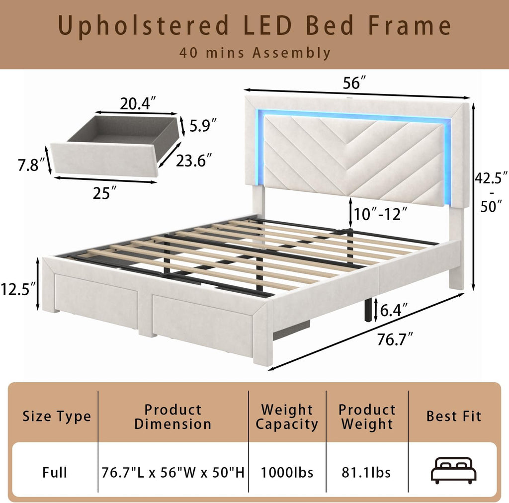 Incyneva Upholstered Full Bed Frame with LED Headboard and Storage Drawer, Velvet Platform Bed Frame Full Size with Charging Station, Adjustable Headboard, No Box Spring Needed, Off White