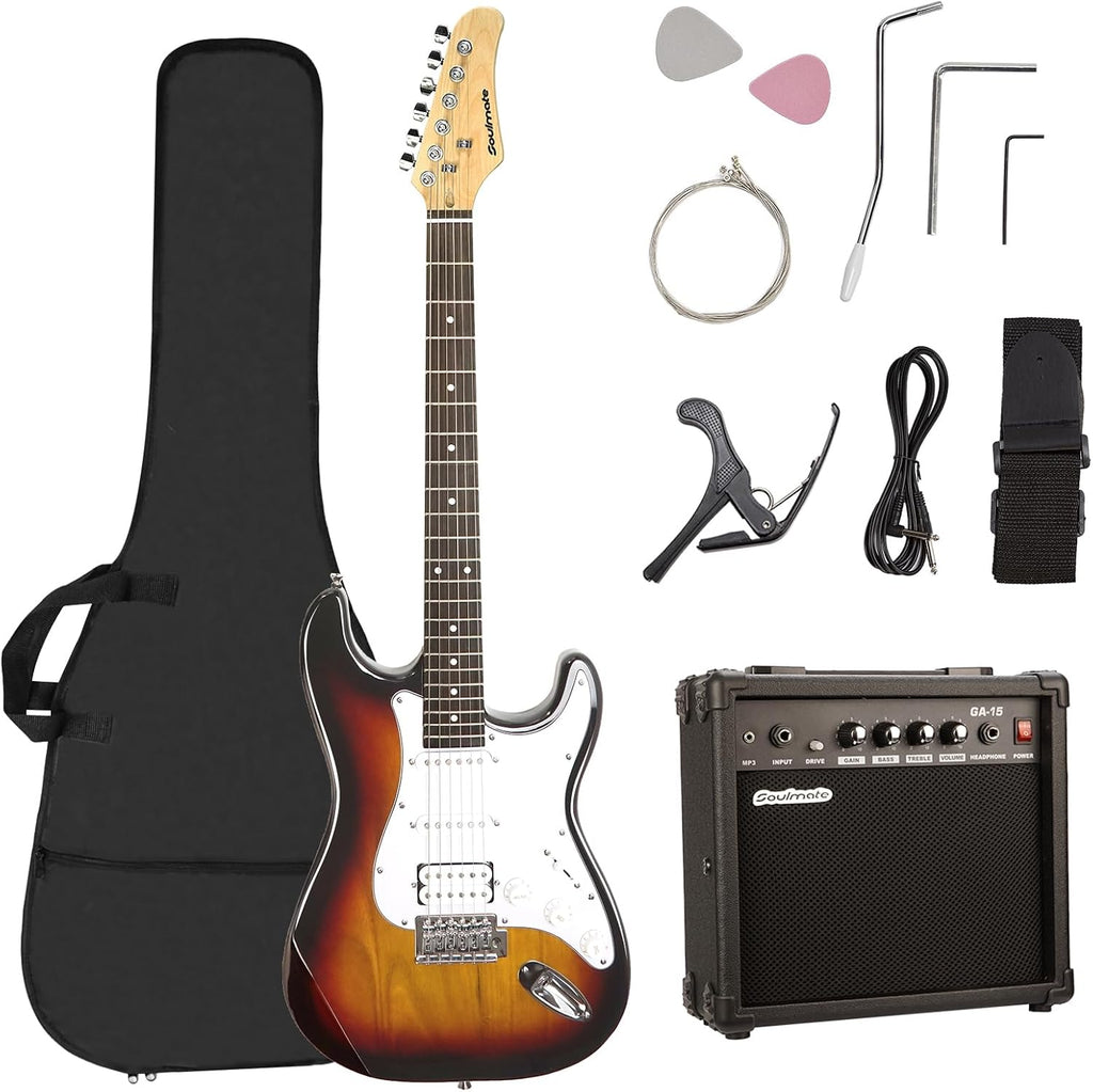 Soulmate Electric Guitar Kit for Beginner 39' HSS Pick Up Solid Body Full Size Electric Guitar for Starter with Amplifier, Bag, Capo, Strap, String,Cable, Picks(Sunburst)