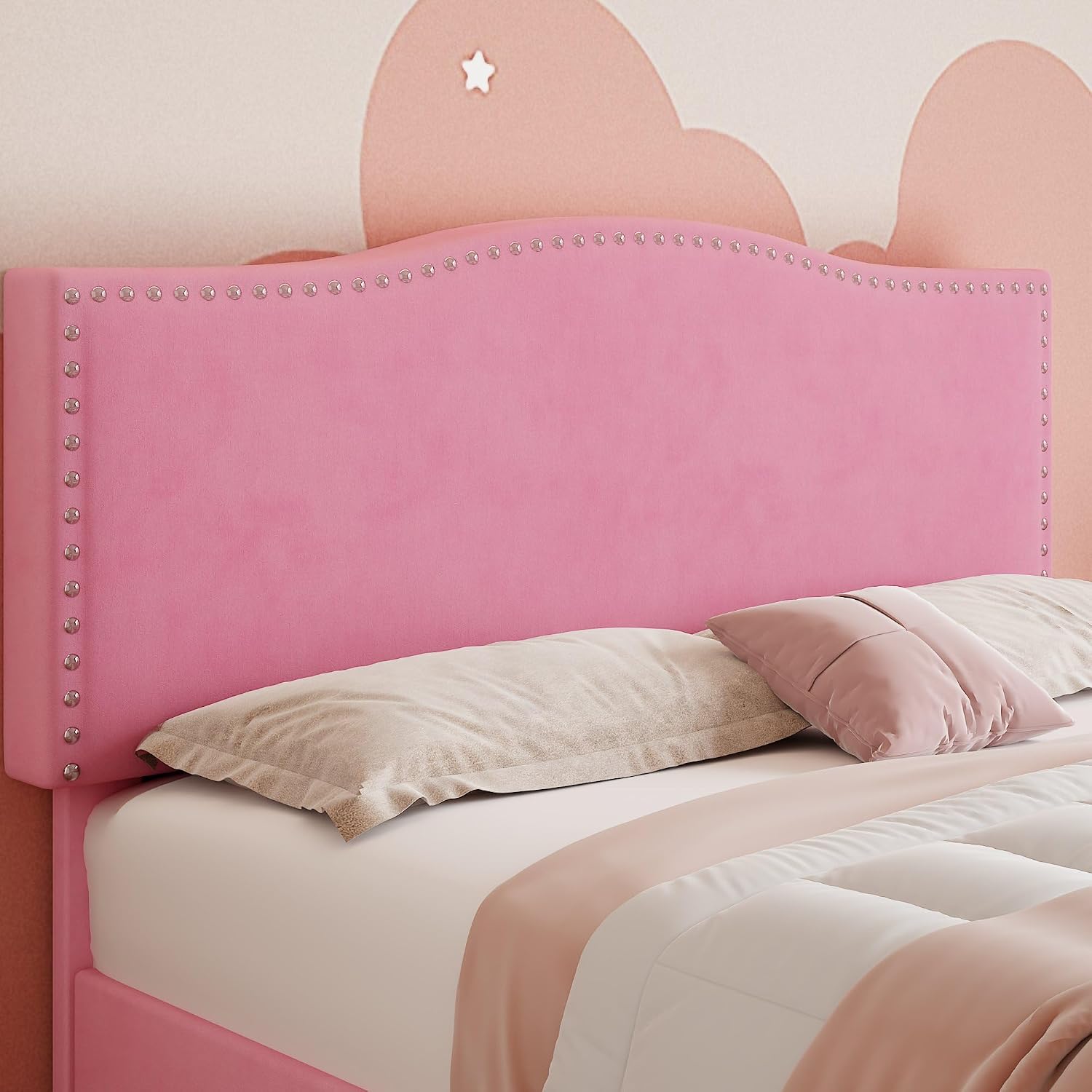 VECELO Full Bed Frame, Platform Bed Frame with 4 Underbed Storage Drawers & Adjustable Height Upholstered Headboard, Heavy-Duty Frame and Strong Wooden Slats Support, Noise-Free, Easy Assembly, Pink