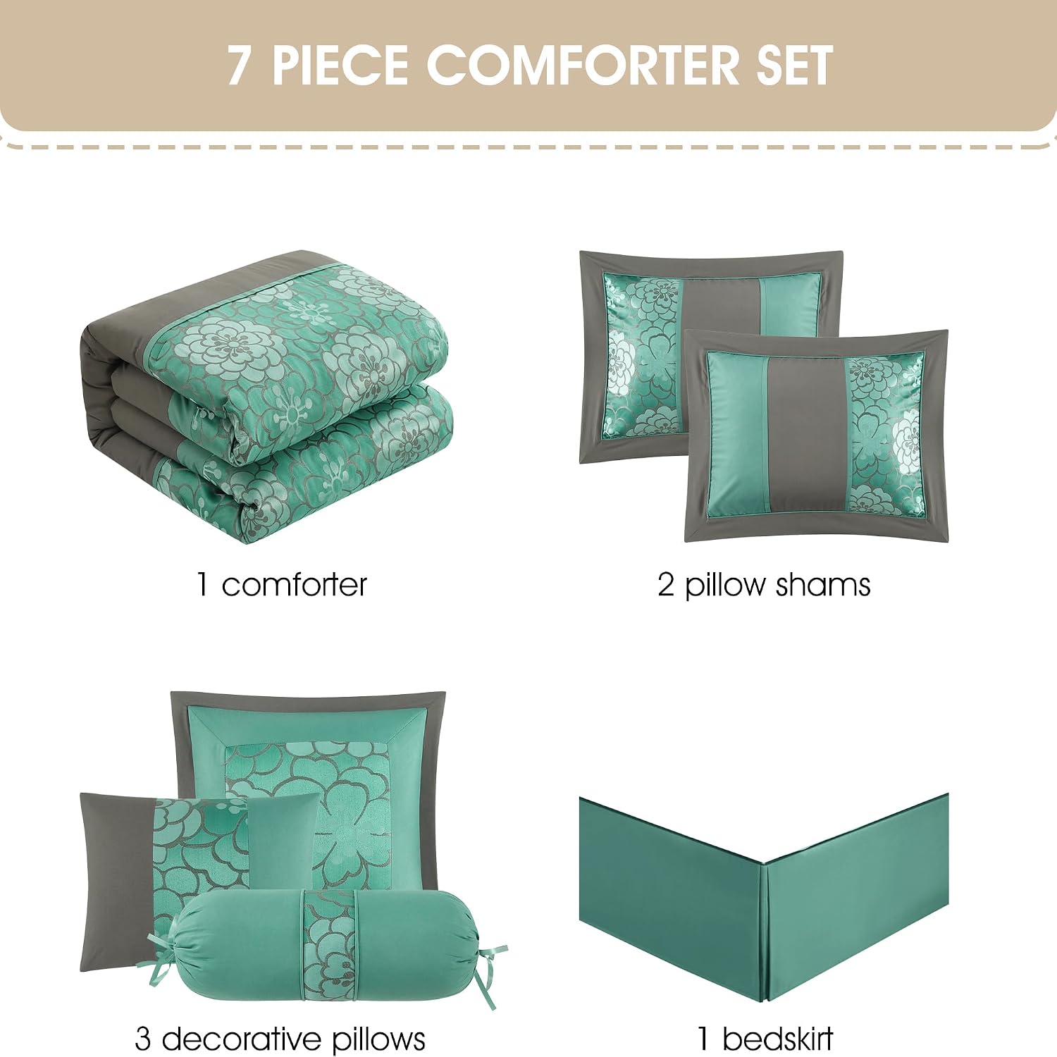 Grand Avenue Aqua Grey Comforter Set King Size, 7 Piece Jacquard Soft Bedding Set, All Season, Bedskirt, Pillows & Shams