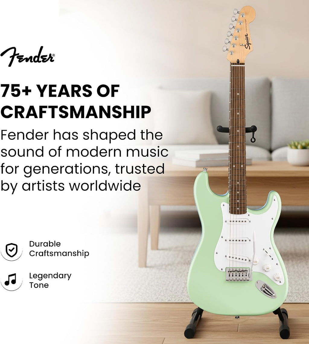Fender Squier Sonic Stratocaster Pack - Surf Green Bundle with Frontman 10G Amp, Gig Bag, Instrument Cable, Strap, Picks, and 3-Month Fender Play