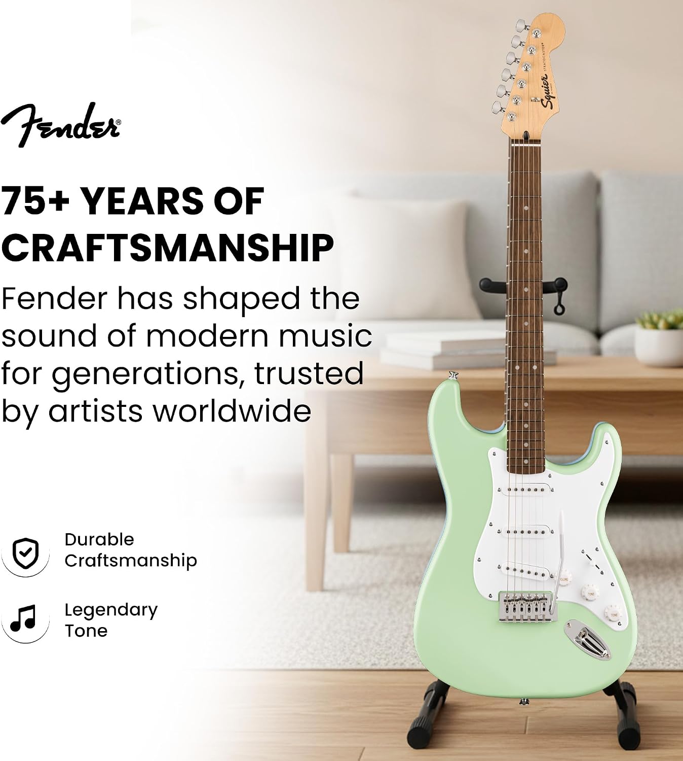 Fender Squier Sonic Stratocaster Pack - Surf Green Bundle with Frontman 10G Amp, Gig Bag, Instrument Cable, Strap, Picks, and 3-Month Fender Play