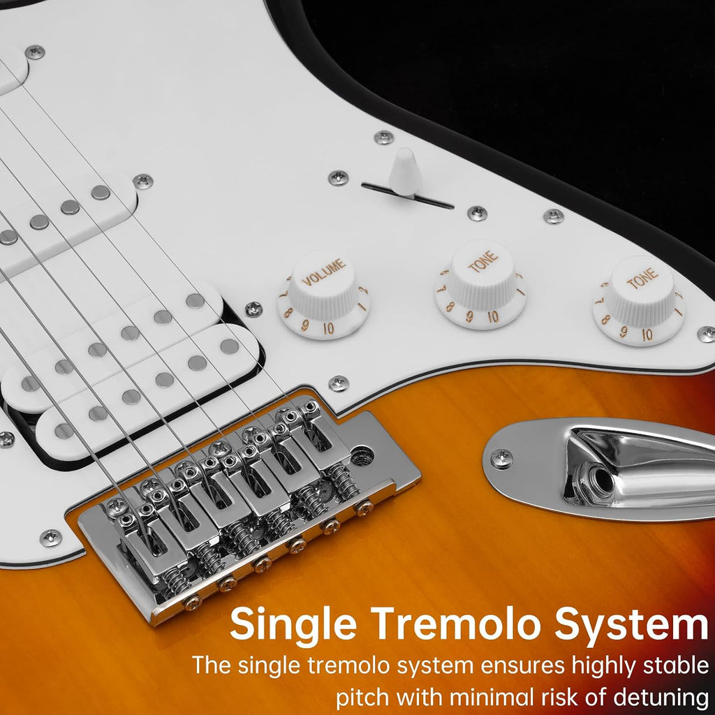 AODSK Electric Guitar with Amp Beginner Kit 39 Inch Solid Body Full Size,All Accessories,Digital Tuner,Six Strings,Four Picks,Tremolo Bar,Strap,Gig Bag,Starter kit (Sunburst-HSS)