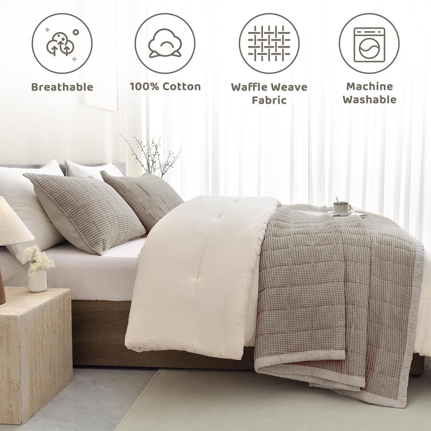 Sanracie Oversized King Quilt (106'x118'), Dark Khaki Waffle Weave Cotton Quilt Sets, 3Pcs Luxury Aesthetic Quilt Bedding Set, Soft Breathable Lightweight Farmhouse Coverlet Set for All Season
