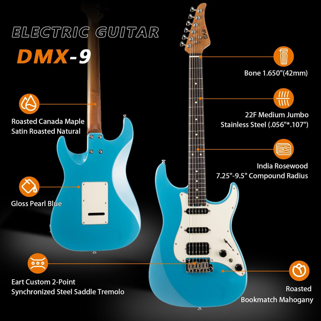 EART Electric Guitar DMX-9, 6 String Tremolo Bridge, Humbucker Pickups, Solid Body, 5-Way Switch Guitars (Gloss Pearl Blue)