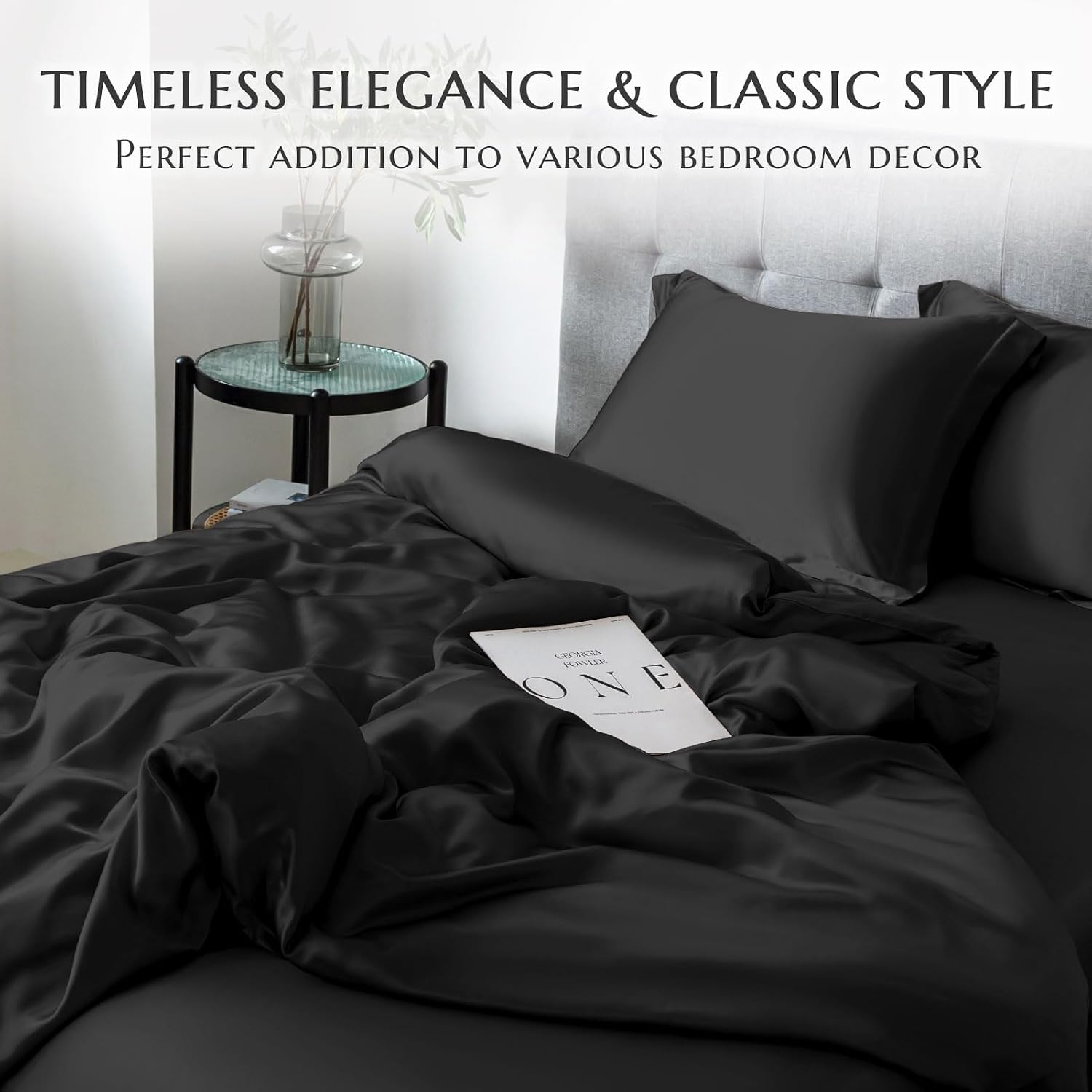 THXSILK 100% Silk Sheet Set, 7A+ Silk Sheet Set Soft Breathable, Luxury Bedding (1 Duvet Cover, 1 Fitted Sheet, 2 Pillow Shams), King, Black