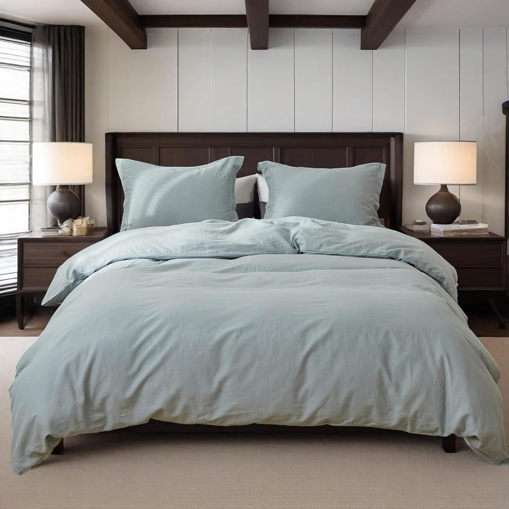 Simple&Opulence 100% Linen Duvet Cover Set, 3 PCS Natural French Flax Dusty Blue Duvet Cover King Size, Breathable Soft Comfy Linen Bedding Comforter Cover with 2 Pillowcases(Dusty Blue, 104'x92')