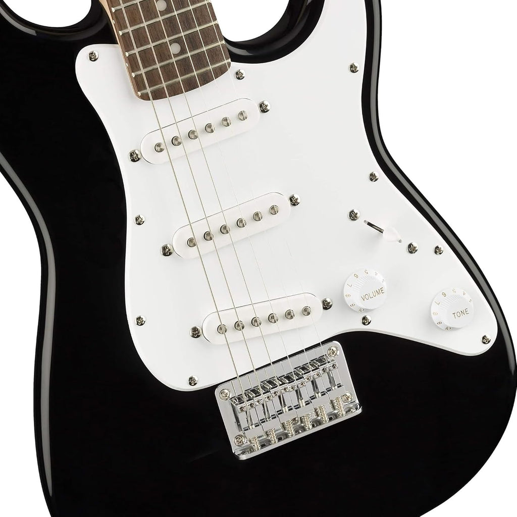 Fender Squier 3/4 Size Kids Mini Strat Electric Guitar Learn-to-Play Bundle w/ Amp, Cable, Tuner, Strap, Picks, Fender Play Online Lessons, and Austin Bazaar Instructional DVD - Black
