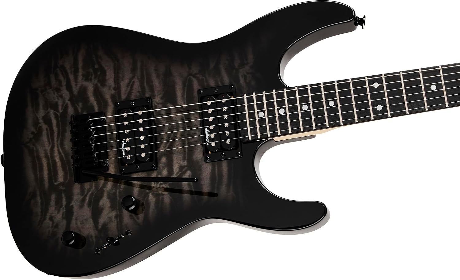Jackson JS Series Dinky JS11Q Electric Guitar - Transparent Black Bundle with Frontman 10G Amplifier, Gig Bag, Tuner, Strap, Cable, Picks, and Austin Bazaar Instructional DVD