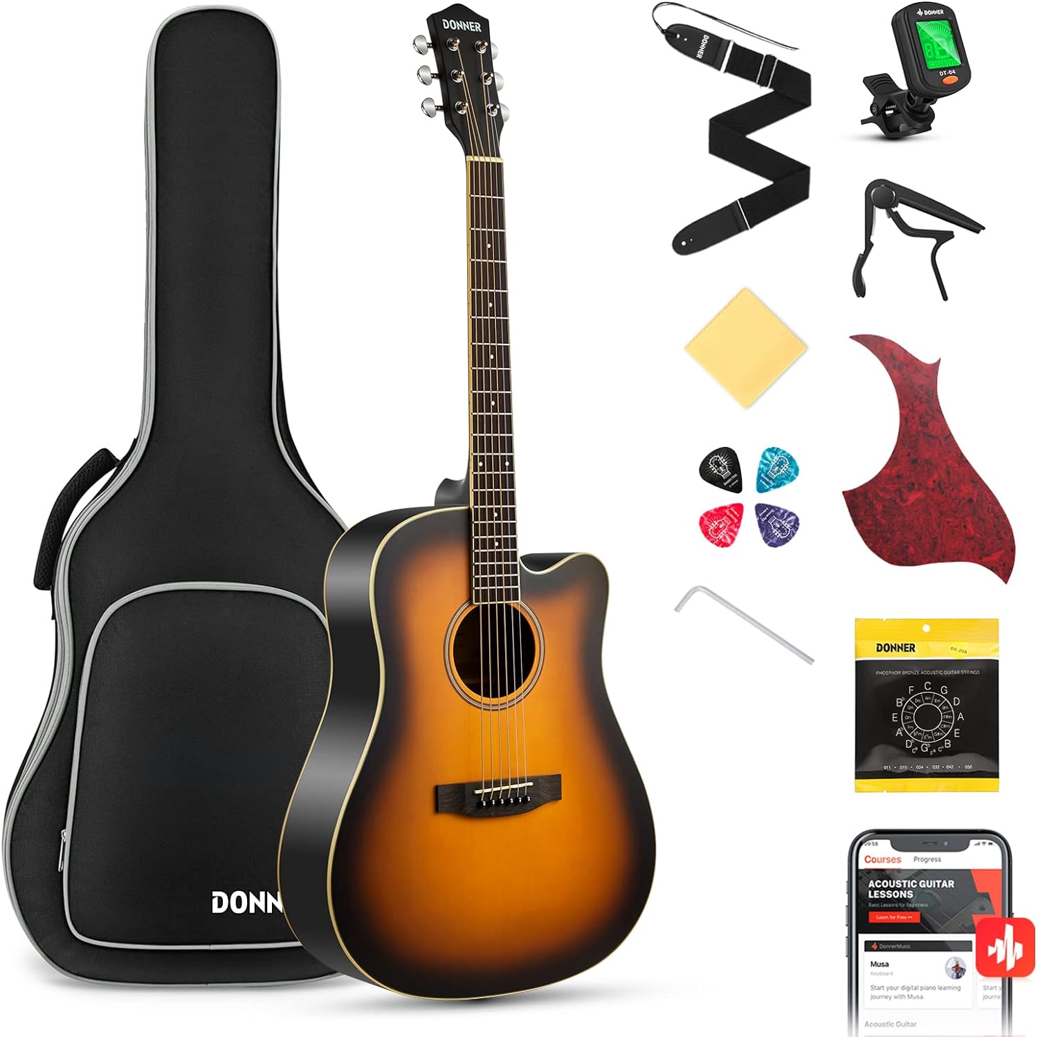 Donner Acoustic Guitar for Beginner Adult Full Size Cutaway Acustica Guitarra Bundle Kit with Free Online Lesson Bag Strap Tuner Capo Pickguard String Pick, Right Hand 41'Sunburst, DAG-1CS/DAD-160CS