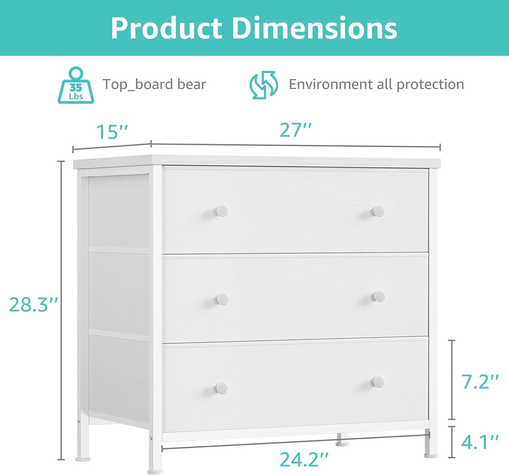 BOLUO White Nightstands Set of 2, Large Night Stand Fabric 3 Drawer Dresser for Bedroom Closet,Girls Modern