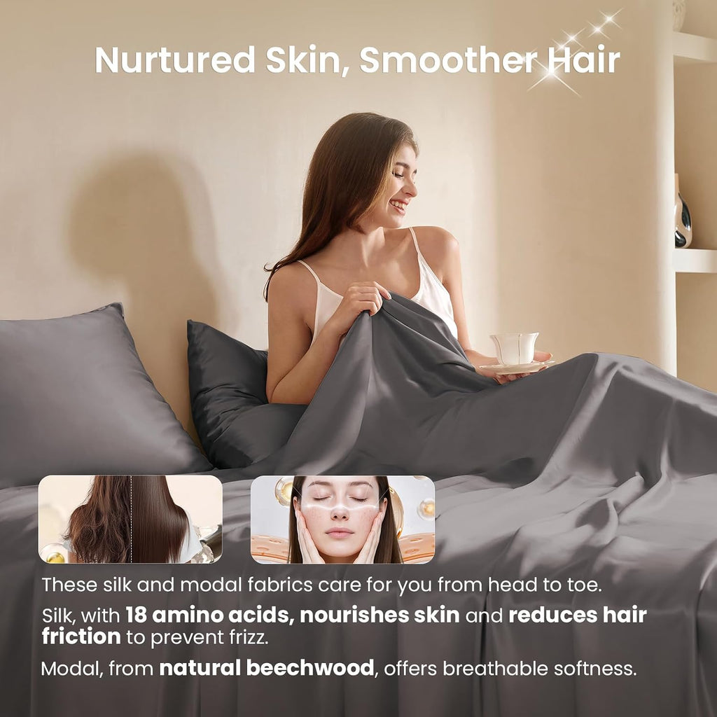 THXSILK Luxury Mulberry Silk Bed Sheets Set - 4pcs Silk Sheets Set 16' Deep Pocket - 1 Fitted Sheet, 1 Flat Sheet, 2 Pillowcases with Zipper Closure - Full, Charcoal