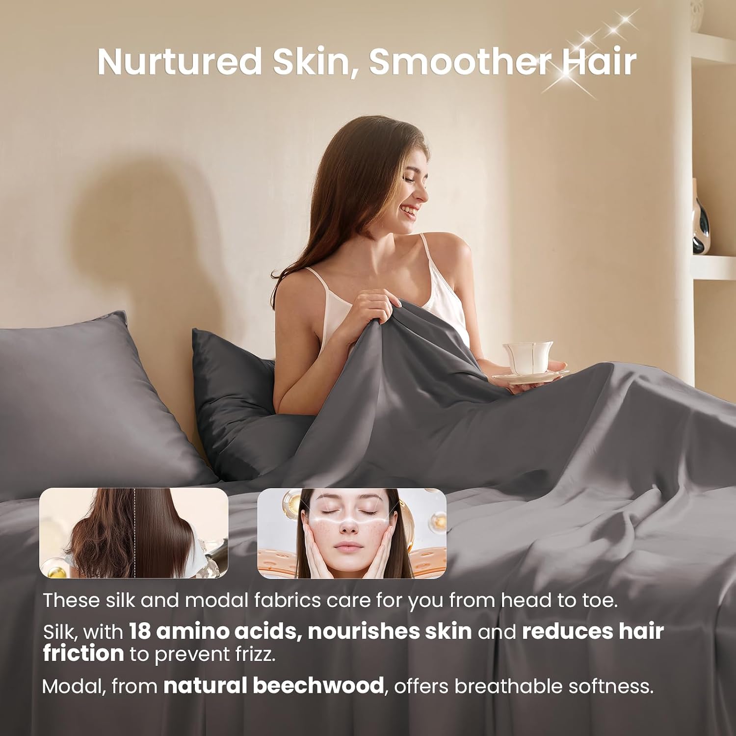 THXSILK Luxury Mulberry Silk Bed Sheets Set - 4pcs Silk Sheets Set 16' Deep Pocket - 1 Fitted Sheet, 1 Flat Sheet, 2 Pillowcases with Zipper Closure - Full, Charcoal