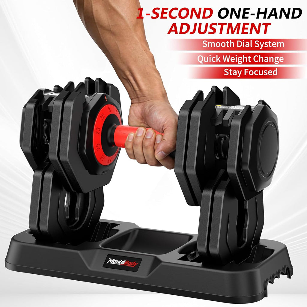 Adjustable Dumbbell Set Pair 25 lb or 50 lb, Adjustable Dumbbells 10-in-1 Free Weight Set, 1-Second Dial Weight Adjustment,Space-Saving Design with Storage Base, Home Gym Strength Training Equipment