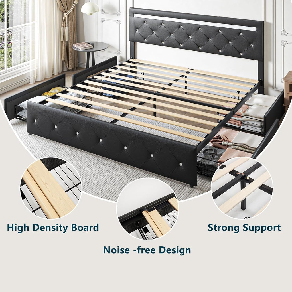 Bed Frame Full Size with Storage Drawers and LED Light, 2 Sockets and 2 USB Ports, Adjustable Headboard with PU Leather Upholstered, No Box Spring Needed, Wooden Slats Support, Black.