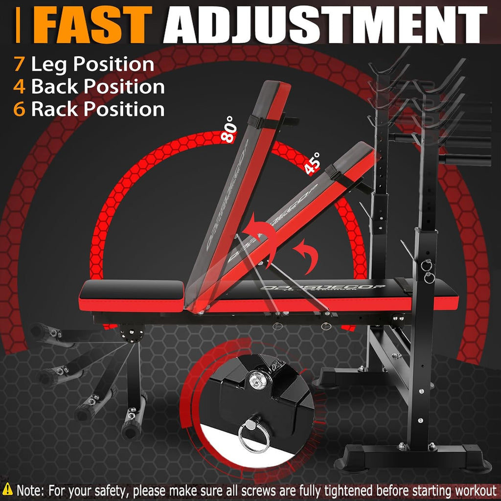 OPPSDECOR 6 in 1 900LBS Weight Bench with Leg Extension and Leg Curl, Foldable Bench Press Set and Squat Barbell Rack with Preacher Curl, Adjustable Workout Bench for Home Gym Strength Training PXZXYX1