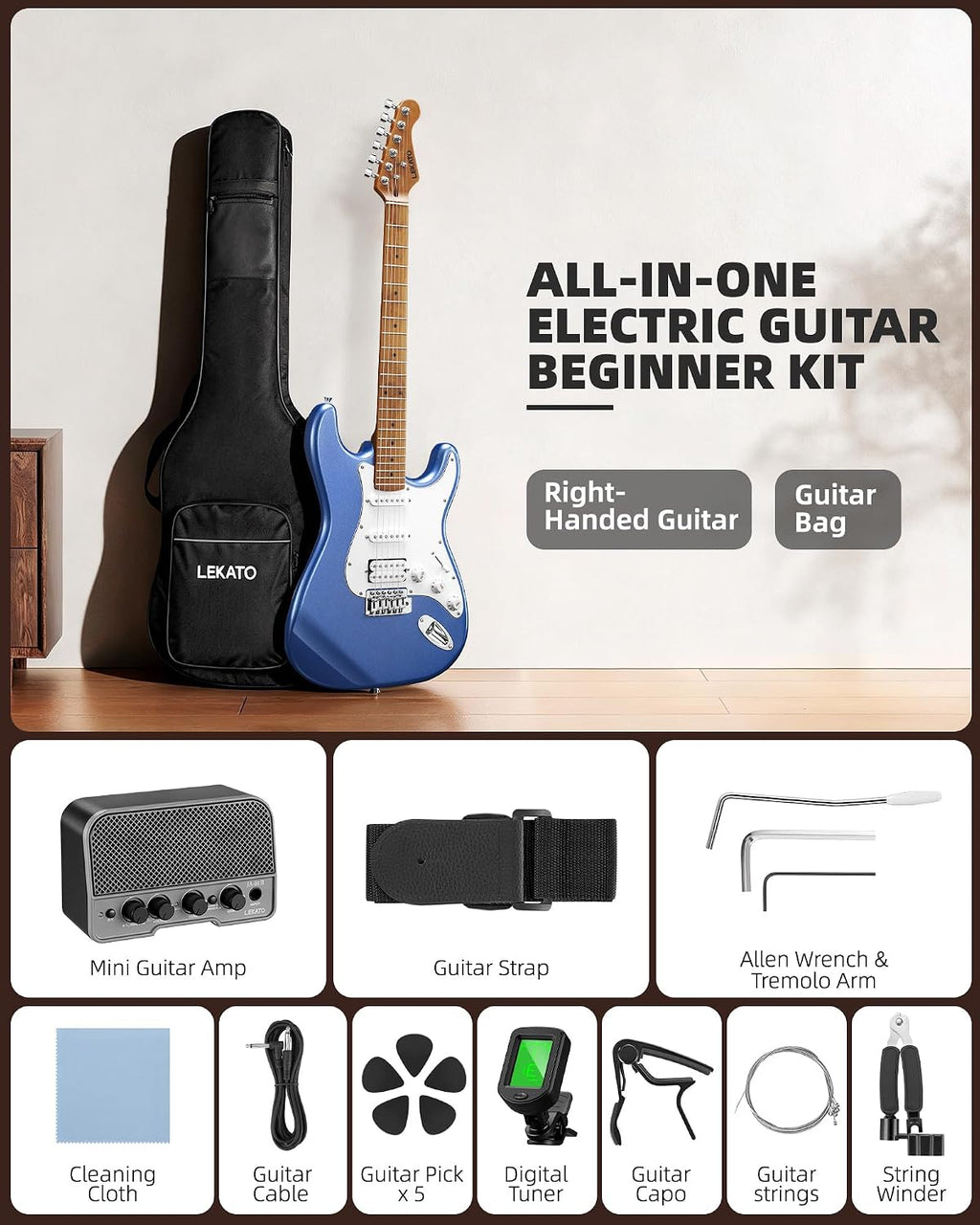 LEKATO Electric Guitar Kit Beginner 39 Inch Full Size Solid Body Guitar HSS for Starter Roasted Maple Neck Fretboard Stainless Steel Frets, 5W Mini Amp, Bag, Tuner, Capo, Strap, String, Picks- Blue