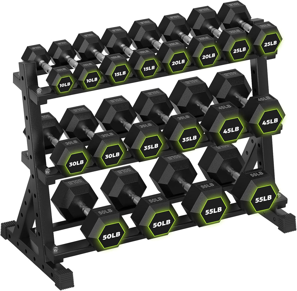 HANDBODE 3-Tier Dumbbell Rack Stand, 1000LB Capacity Storage Rack, Weight Rack for Dumbbells, Kettlebell, 390–700 lb Rubber Coated Fixed Weight Sets, Home Gym Strength Training Equipment