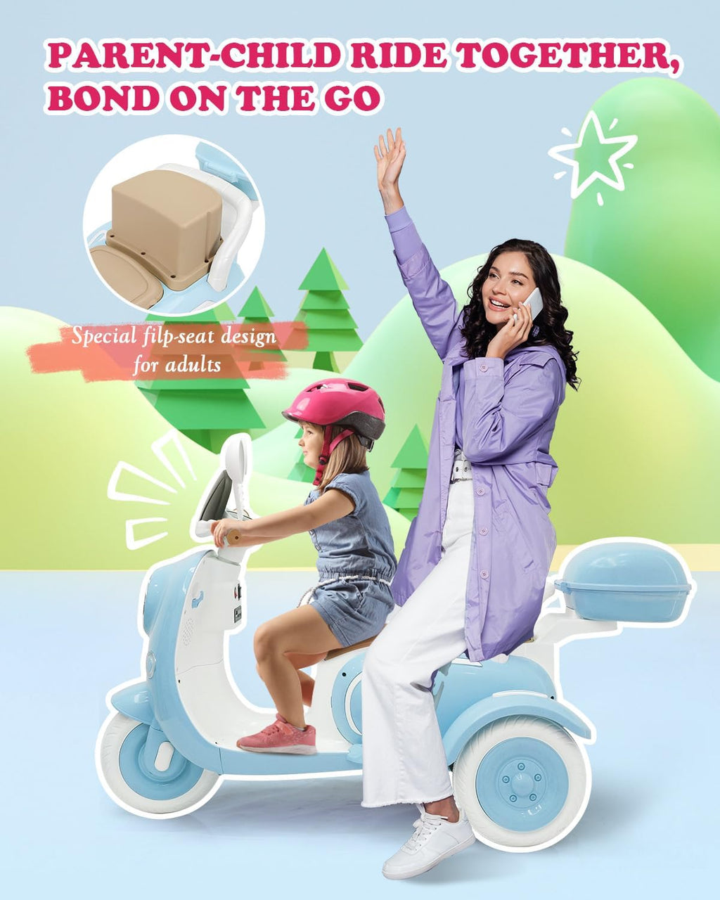 12V 2 Seater Ride on Motorcycle for Kids, Electric Moped Scooter w/Remote Control, Storage Box, Music, LED Light, Horn, 2x50W Motor, Toddler Ride on Toys for Girls Boys, Blue