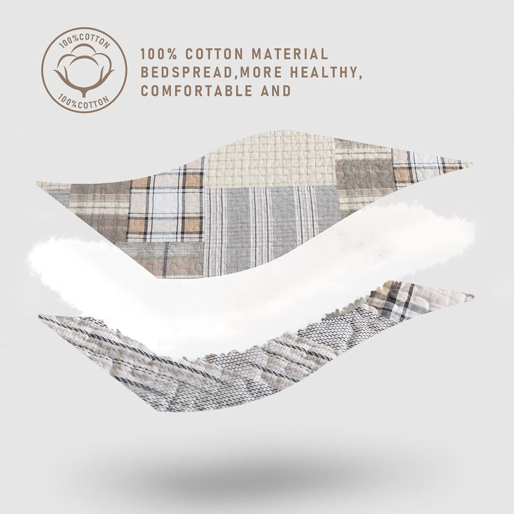 KALOOLA 100% Cotton Quilt Set King Size, Farmhouse Plaid Quilted Bedspread with 2 Pillow Shams, 3 Pieces Rustic Reversible Lightweight Bedding Coverlet for All Season, Brown/Beige/White