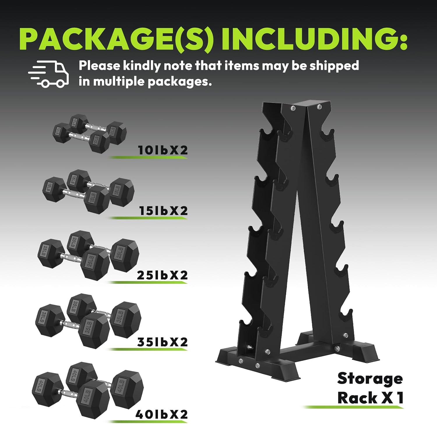 HANDBODE Rubber Coated Hex Dumbbell Set with A-Frame Rack, 100 lb - 550 lb Multiple Options Weight, Hexagon Non-Rolling Shape, Ergonomic Knurled Handle, Home Gym Equipment for Strength Training