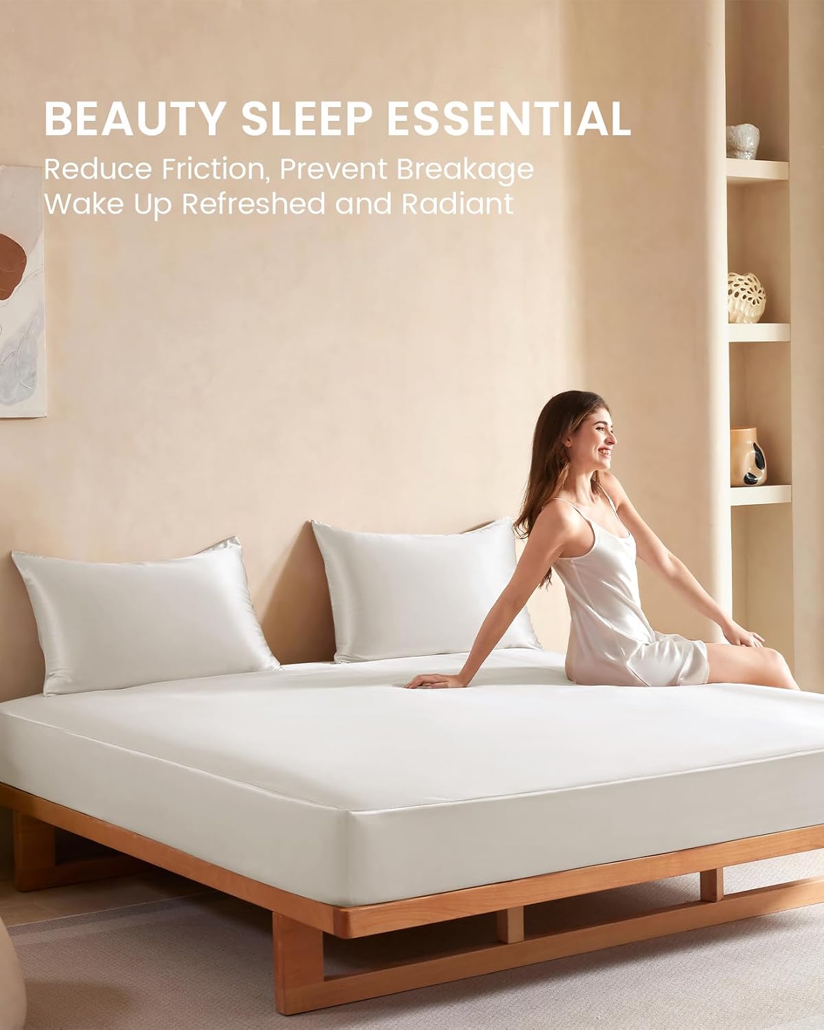 THXSILK Silk Sheet Set 3 Pcs, Queen Size Sheet Set, Soft Breathable Bed Sheets with 1 Fitted Sheet, 2 Pillowcases with Zipper Closure, Cooling for Hot Sleeper, White
